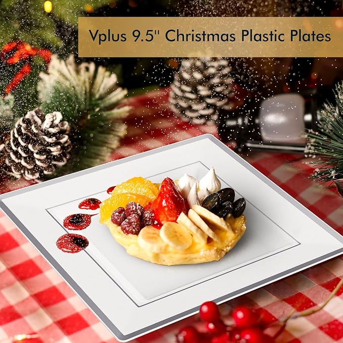 Vplus 90 Piece 9.5 Inch Silver Plastic Plates Disposable, Heavy Duty White Elegant Durable Dinner Plastic Party Plates with Silver Rim Perfect for Party Christmas