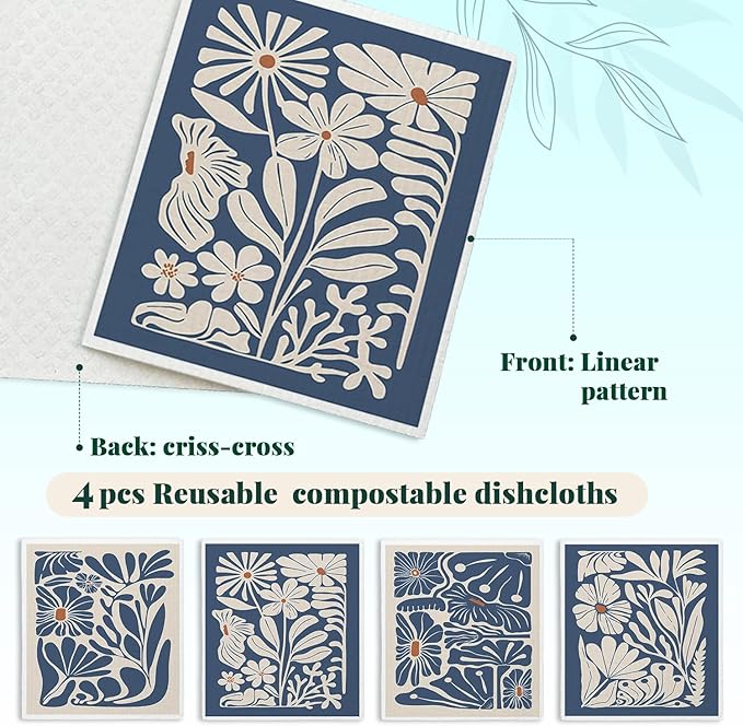Spring Flower Swedish Dishcloths for Kitchen, Boho Navy Blue Swedish Dish Cleaning Cloths for Floral, 4 Pack Dish Towels for Kitchen, Papaya Reusable Paper Towels Washable