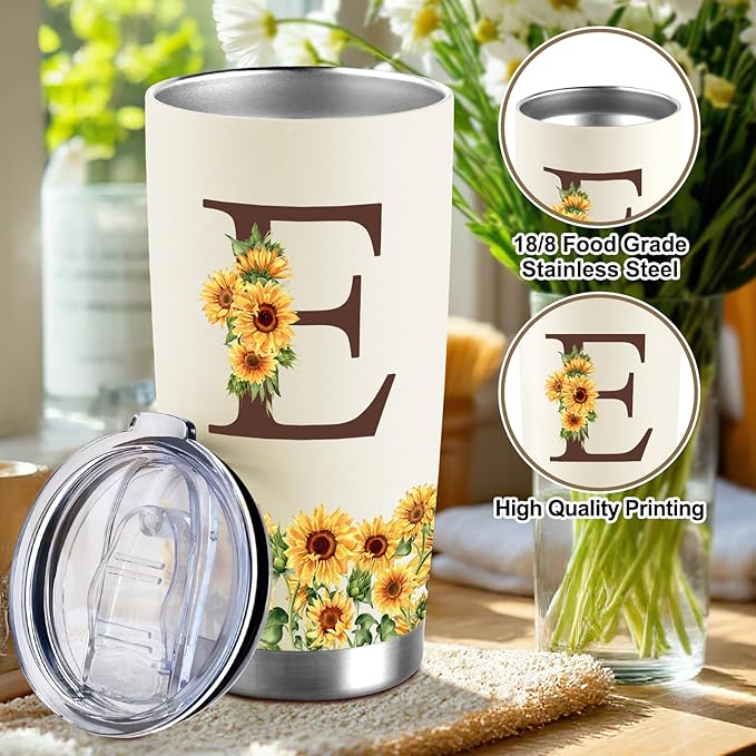 Sunflower Gifts for Women - Personalized Christmas Gifts for Women - Birthday Gift for Woman - Mothers Day Gift for Mom - Monogrammed, Initial 20oz Travel Cup Insulated Tumbler with Lid, E