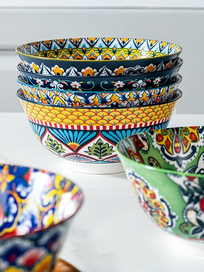 HENXFEN LEAD Boho Cereal and Soup Bowls Set of 6 – 24 oz Colorful Ceramic Bowl for Kitchen, Perfect for Oatmeal, Pasta, Salad, Dessert, Fruit – Microwave & Dishwasher Safe
