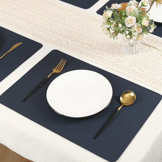 Dark Blue Reversible Faux Leather Placemats – Set of 6 Waterproof, Heat-Resistant & Easy-to-Clean Table Mats for Modern Dining