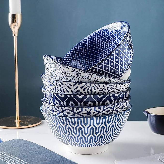 Selamica Blue and White Porcelain 20oz Cereal Bowl Set - Set of 6, 6 inch Soup Bowls, Ceramic bowls for Cereal, Soup, Salad and Pasta, Vintage Blue