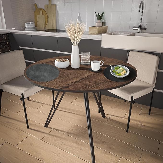 Round Placemats and Coasters Set of 6, Washable Reversible Faux Leather Placemats Cowhide Pattern Place Mats Wipeable Non-Slip 15 inch Round Kitchen Dining Table Mats (Gray Black, 6)