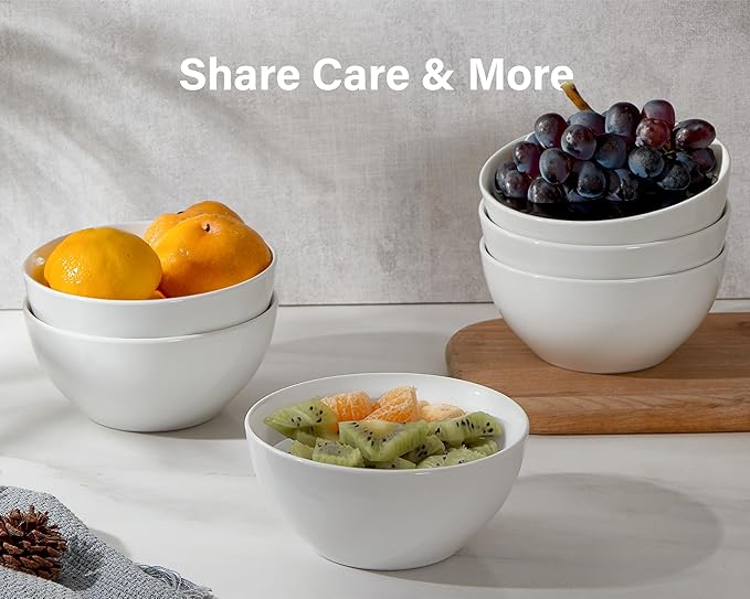 ONEMORE White Ceramic Bowls Set of 6, 24 oz Soup and Cereal Bowl- Microwave & Dishwasher Safe, Porcelain Dinner Bowls, Individual Salad Serving Bowl, Deep Interior, Scratch-Resistance, Stackable