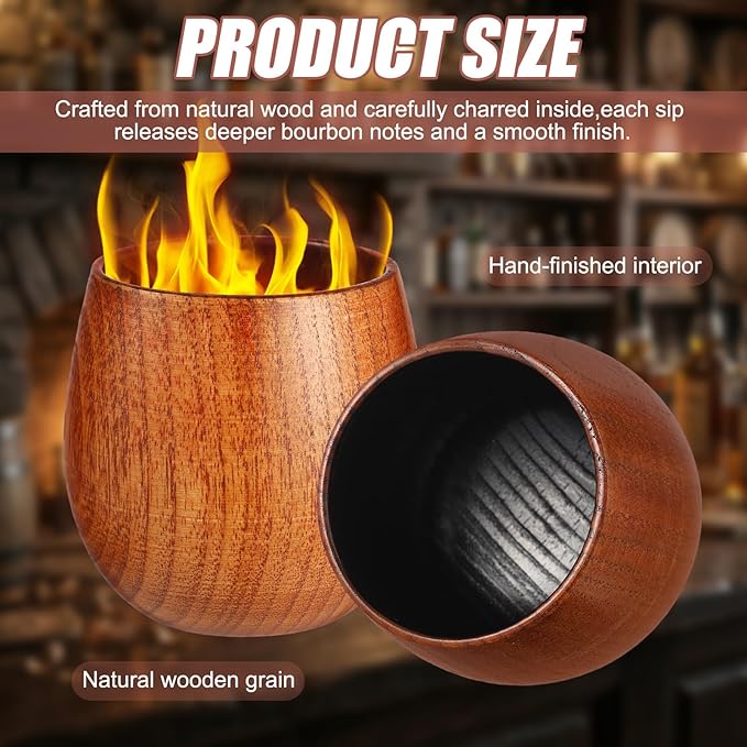 Charred Wooden Bourbon Drinking Glasses Set of 2 for Men 6 oz Whiskey Glasses 6 Ice Cubes Charred Bourbon Gifts for Dad Men Brother or Whiskey Lovers Birthday Holidays Supplies