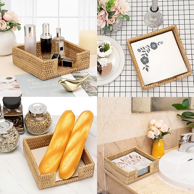 Sumnacon Napkin Holder,Wicker Napkin Holder Table,Rattan Napkin Basket,Square Napkin Tray,Flat Napkin Holders for Kitchen Dinning Table Desk Counter Restaurant Party Bar,Honey Brown