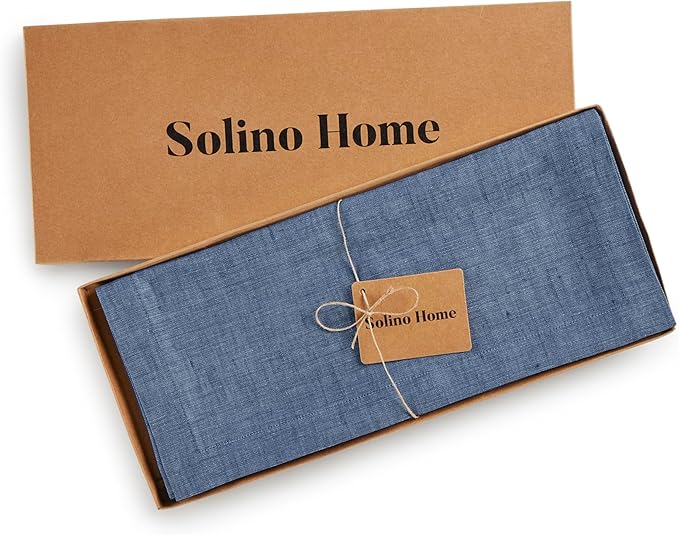 Solino Home Linen Table Runner 108 Inches Long - Athena, 100% Pure Linen Blue Denim Dining Table Runner 14 x 108 Inch for Winter, Spring, Easter