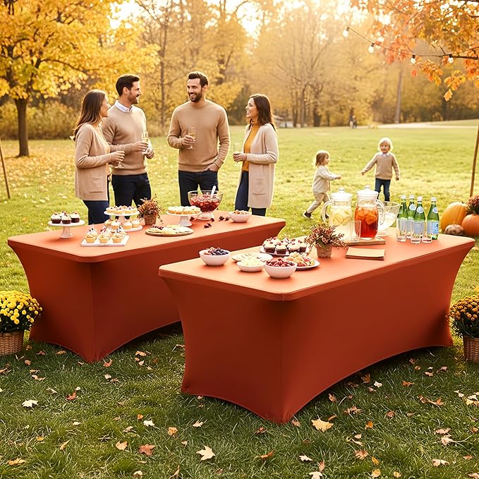 Table Cover for 6 Foot Rectangle Tables-8 Pack Rust Fitted Stretch Fall Tablecloth-Spandex 6ft Thanksgiving Tablecloths for Party, Vendor Booth Display, Banquet Event, Craft Trade Show