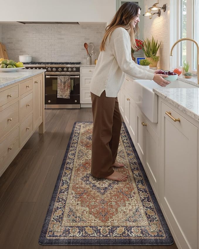 Color&Geometry Anti Fatigue Kitchen Mats for Floor 24x87, Vintage Decor, Easy Clean, Waterproof & Oil Proof, 0.4" Thick Cushioned, Non-Slip Kitchen Runner Rug for Sink, Laundry, Office, Warm Coral