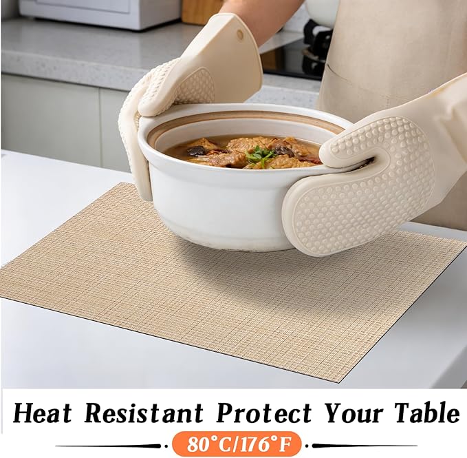 Timeet Placemats Set of 6, Heat Resistant Non-Slip Place Mats for Dining Table, Durable Washable PVC Vinyl Woven Table Mats, Linen Textured Placemats for Kitchen Resistant Easy to Clean(Beige