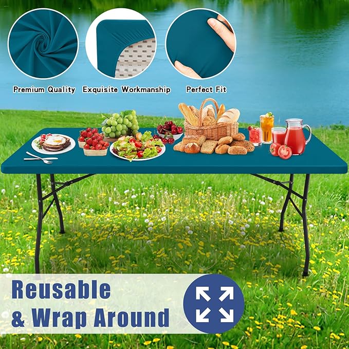 Spandex 8 Foot Rectangle Table Cloth 2 Pack, Elastic Fitted Tablecloths for Picnic, Stretch Washable Patio Table Cover for Outdoor, Camping, Banquet and Parties(Peacock Blue, 30"x96")