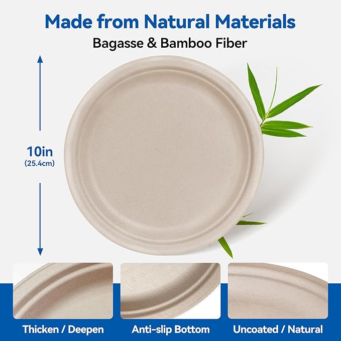 10 Inch Heavy Duty Paper Plates 150 Pack – Compostable, Eco-Friendly, Biodegradable Sugarcane & Bamboo Fiber, Sturdy Disposable Plates for Party, Camping & Everyday Use