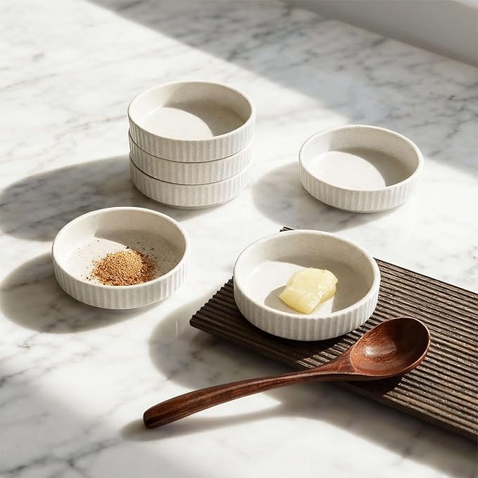 Ceramic Dipping Bowls Set of 6, 4oz Sauce Dishes, 3.74 Inch Diameter, Oxford White with Vertical Texture, Stackable & Dishwasher Safe (White)