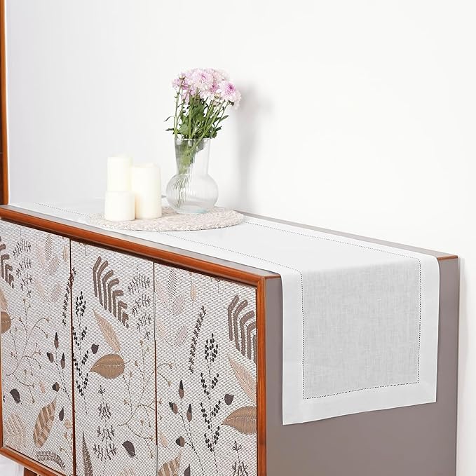 D'Moksha Homes Linen White Table Runner 108 Inches Long - 100% Pure Linen 14 x 108 Inch Table Runner for Valentines, Spring, Easter - Classic Hemstitch