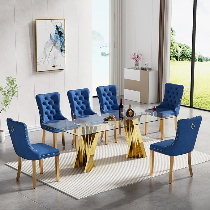 7 Piece Glass Dining Table Set,70" Dinner Room Glass Table Set for 6,Modern Kitchen Dinner Table Set with Stainless Steel Base and 6 Upholstered Velvet Dining Chairs for Living Dining Room