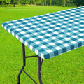 Smiry Rectangle Picnic Table Cloth, Elastic Waterproof Fitted Vinyl Tablecloths, Flannel Backed Buffalo Plaid Table Covers for Dining, Camping, Outdoor (White and Turquoise, 30" x 48")