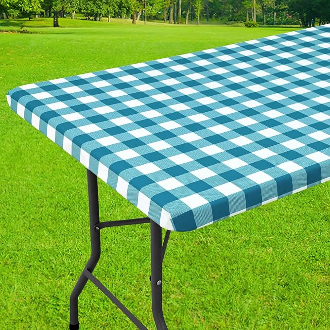 Smiry Rectangle Picnic Table Cloth, Elastic Waterproof Fitted Vinyl Tablecloths, Flannel Backed Buffalo Plaid Table Covers for Dining, Camping, Outdoor (White and Turquoise, 30" x 96")