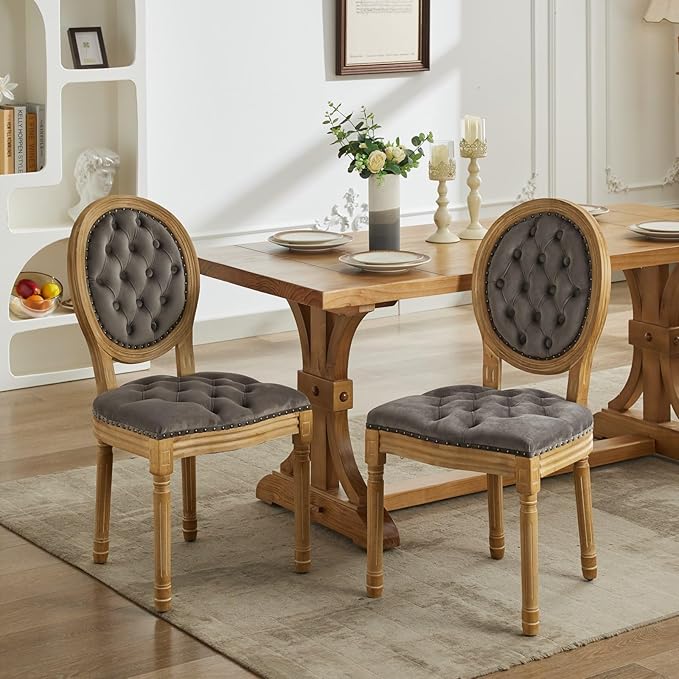 Vintage French Dining Chairs Set of 6, Round Back Velvet Upholstered Accent Chairs with Nailhead Trim and Solid Wood Frame, Elegant Sillas de Comedor for Dining Room & Kitchen, Gray