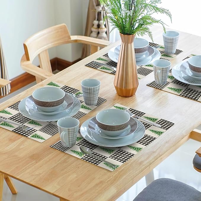 Winter Placemats Set of 4 - Black White Buffalo Plaid Tablemats 12 x 18 mas Tree Place Mats Set for Kitchen Dining Table