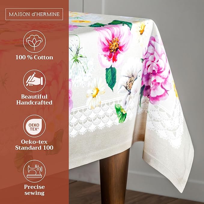 Maison d' Hermine Table Cloth Rectangle Table 100% Cotton 60 x 90 Inches Tablecloth Reusable Decorative for Dining Room Farmhouse Home Valentines Day Decorations Spring Summer - Pivoine