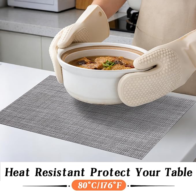 Timeet Placemats Set of 4, Heat Resistant Non-Slip Place Mats, Durable Washable PVC Vinyl Woven Table Mats, Linen Textured Table Placemats for Dining Kitchen Resistant Easy to Clean(Gray)