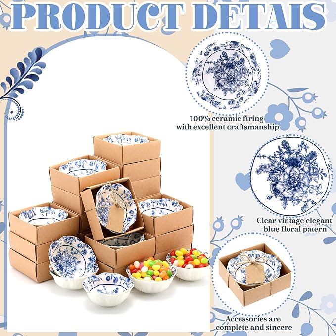 24 Pcs Wedding Favors for Guests Small Ceramic Bowl Bulk Gifts Set 3.3 Inch Floral Design Mini Dipping Sauce Dish with Card Box for Bridal Pooja Baby Shower Birthday Guest Gift (Blue)