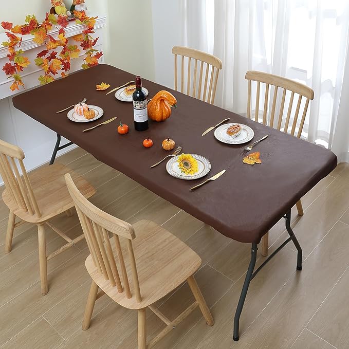 Smiry Rectangle Tablecloth, Elastic Fitted Flannel Backed Vinyl Tablecloths for 8ft Folding Tables, Waterproof Wipeable Table Covers for Indoor, Outdoor, Picnic and Camping (Coffee, 30"x96")
