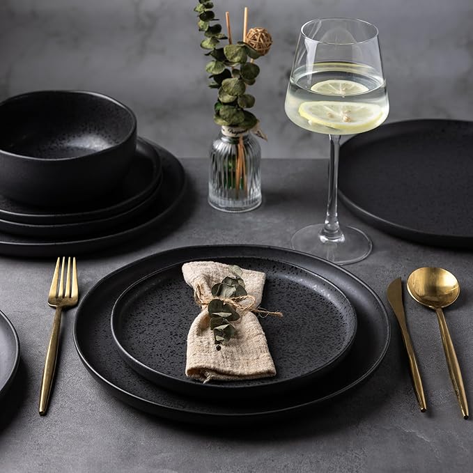 AmorArc Ceramic Dinner Plates Set of 6, Wavy Rim 10.25 Inch Stoneware Dish Set, Dinnerware Plates for Kitchen-Microwave&Dishwasher Safe, Scratch Resistant-Reactive Glaze Matte Speckled Black