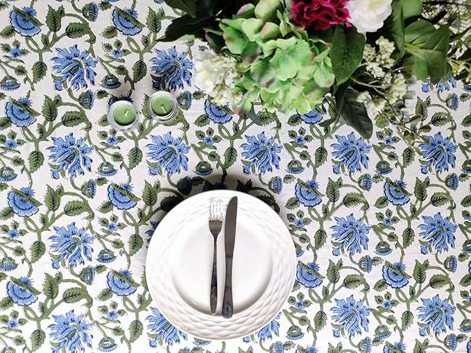 ATOSII Taj 100% Cotton Fall Autumn Tablecloth, Hand Block Print Floral Rectangle Table Cloth Linen for Dining Buffet Parties Weddings Outdoors Christmas Thanksgiving Decor 60 X 90 Inches, 6 Seater