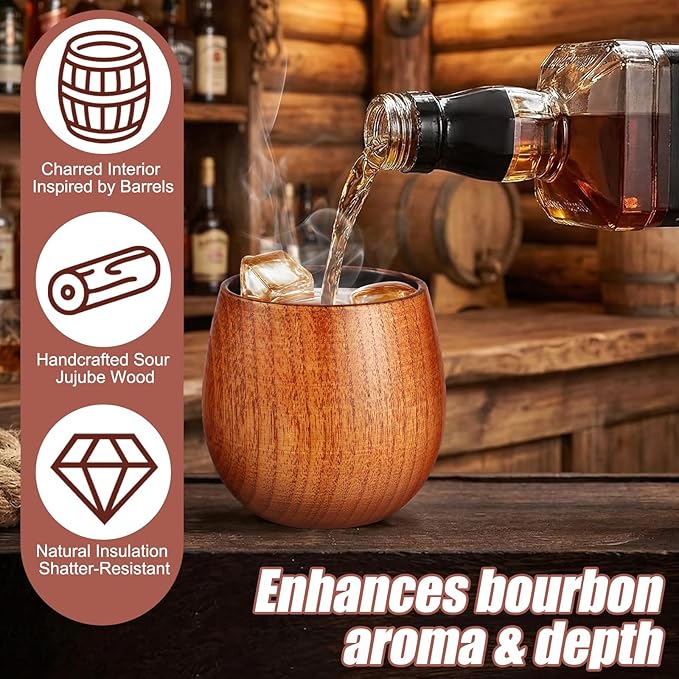 Charred Wooden Bourbon Drinking Glasses Set of 2 for Men 6 oz Whiskey Glasses 6 Ice Cubes Charred Bourbon Gifts for Dad Men Brother or Whiskey Lovers Birthday Holidays Supplies