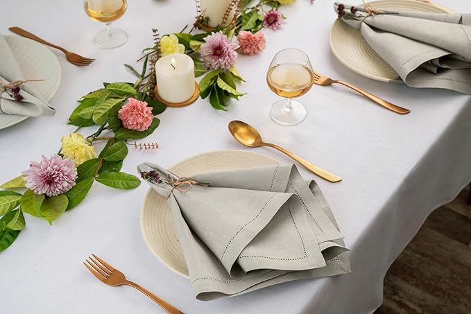 D'Moksha Homes Silver Grey Linen Napkins Set of 4 - Classic Hemstitch 100% Pure Linen Dinner Napkins Cloth 20 x 20 Inch for Spring, Easter - Handcrafted and Machine Washable