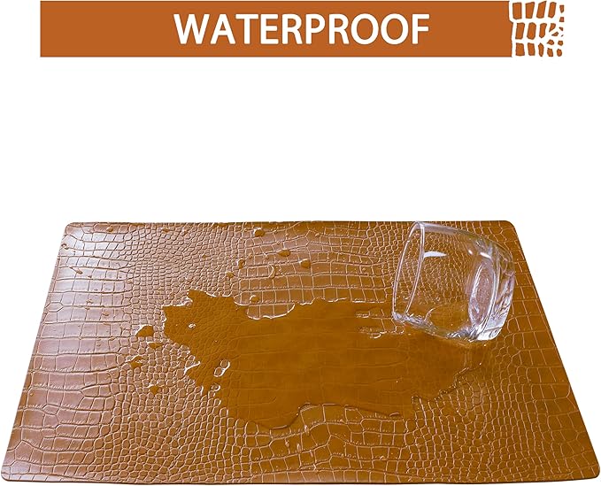 Jovono Faux Leather Placemats Set of 4, Waterproof Heat Resistant Dinner Place Mats for Dining Table, Non-Slip Crocodile Embossed, Brown (17.8x11.8 Inch)
