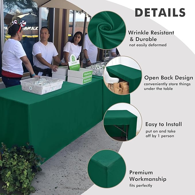 Nasitos 2 Pack Green 8ft Tablecloth Fitted-Open Back Folding Table Cover Washable and Wrinkle Resistant Table Cloth for Trade Show, Book Fair, Career Fair, Convention, Events