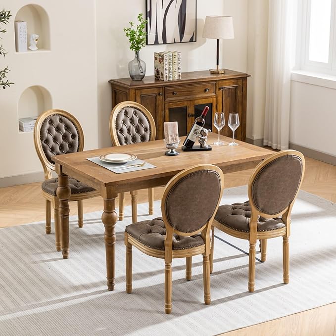 Ball & Cast French Vintage Upholstered Dining Chairs Set of 2, Button Tufted Kitchen Side-Chairs with Carved Antique Wood Frame & Nailhead Trims, PU-Leather Curved Backrest Louis Chair, PU Brown