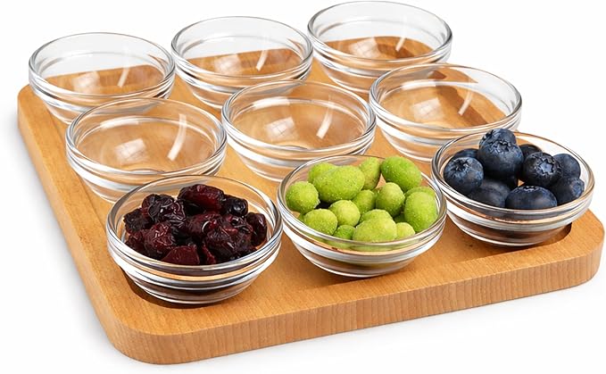 JO! Small Glass Bowl Set with Serving Tray - Set of 9 Mini Glass Bowls (1 oz) with Wooden Tray - Dishwasher & Microwave Safe - Ideal for Party, Snacks, Dipping Sauce, Charcuterie Board and Condiment