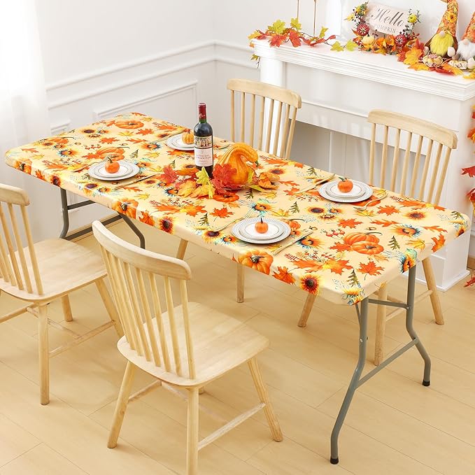 Smiry Plastic Thanksgiving Tablecloth, Sunflower & Pumpkin Waterproof Elastic Fitted Table Covers for 8 Foot Tables, Wipeable Flannel Backed Vinyl Tablecloths for Autumn Harvest (Gold, 30x96 Inches)