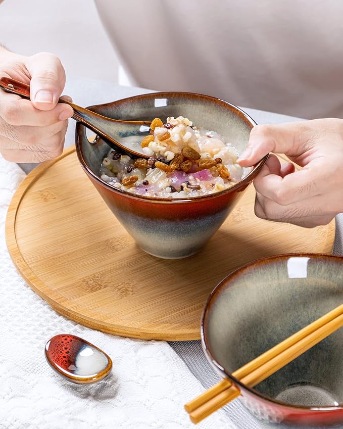 HENXFEN LEAD Japanese Ramen Bowls Set of 2 - Deep Ceramic Noodle Bowls with Spoons, Chopsticks and Holder, 20 Oz Serving Bowls for Pho, Udon, Soup - Reactive Red
