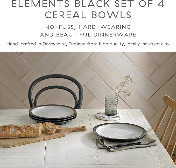 Denby - Elements Black Cereal Bowls Set of 4-28oz Everyday Soup, Dessert Bowls - Contemporary Design With Black Detail - Dishwasher & Microwave Safe Ceramic Stoneware Tableware - Scratch Resistant