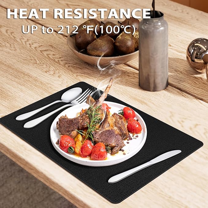 Placemats Set of 6 Washable, Heat Resistant Table Placemats Wipeable Faux Leather Place Mats Non Slip, Waterproof Square Table Mats for Indoor Outdoor, Black
