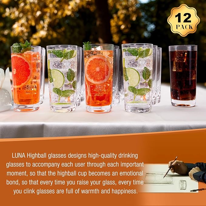 LUNA & MANTHA Drinking Highball Glasses Set of 12, Water Glasses 16 oz, Wide Mouth Design Lead-Free Crystal Glassware, Tall Glass Cups for Mojito and Tom Collins, Cocktail