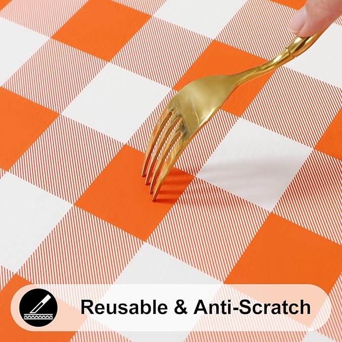 Smiry Rectangle Picnic Table Cloth, Elastic Waterproof Fitted Vinyl Tablecloths, Flannel Backed Buffalo Plaid Table Covers for Dining, Camping, Outdoor, Thanksgiving (White and Orange, 30" x 96")
