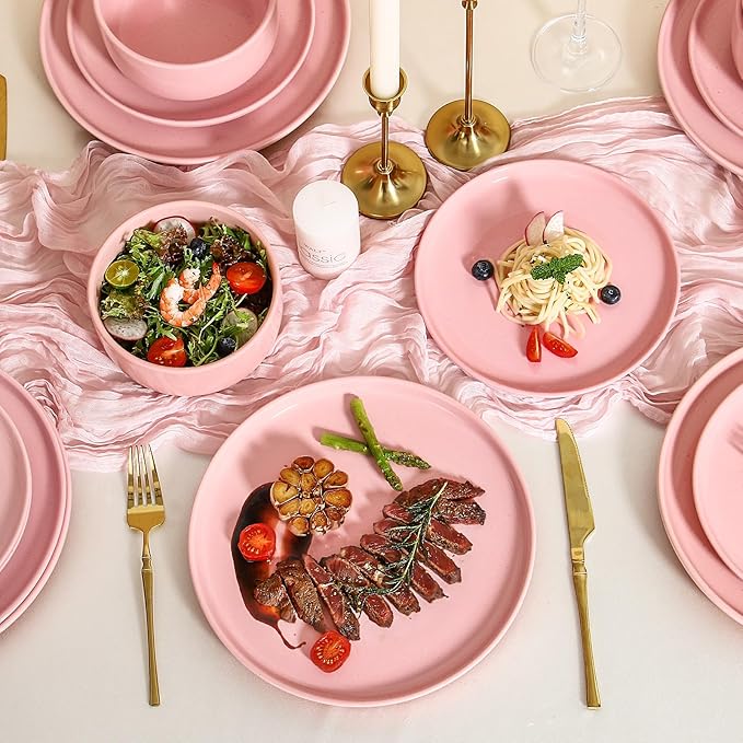 GZG Modern Art Series - 12 Pcs Speckled Stoneware Plates and Bowls Sets, Ceramic Dinnerware Set with Rustic Terracotta Underside, Microwave and Dishwasher Safe Handcrafted Dishes Set - Blush Pink