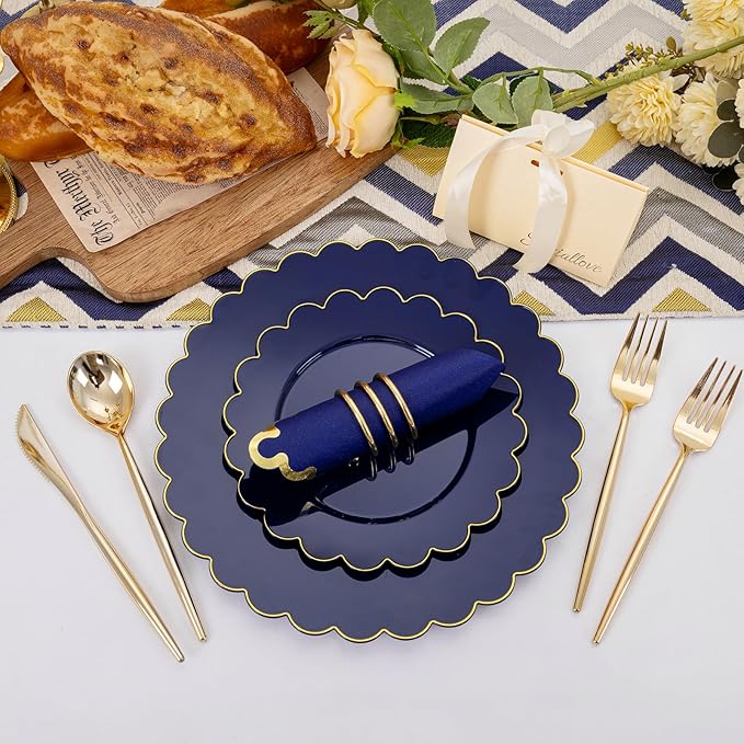 LIYH 210 Pcs Navy Blue Plates - Blue and Gold Plastic Scalloped Heavyduty Plates Disposable Dinnerware set, Gold Plastic Silverware for Wedding & Party 30 Guests