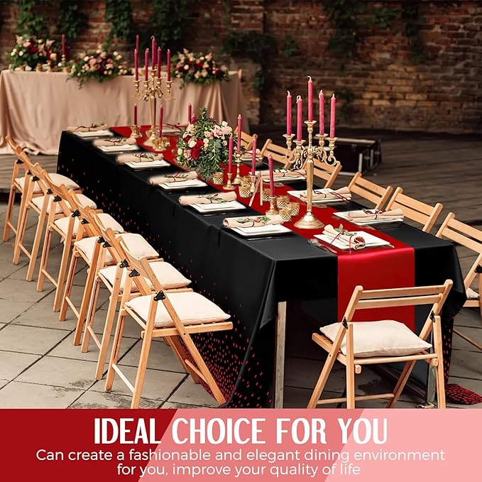 Breling 16 Pack Black and Red Disposable Plastic Tablecloths and Satin Table Runner Set, 54 x 108 Inch Tablecloth, 12 x 108 Inch Table Runners for Wedding Graduation Birthday Baby Shower