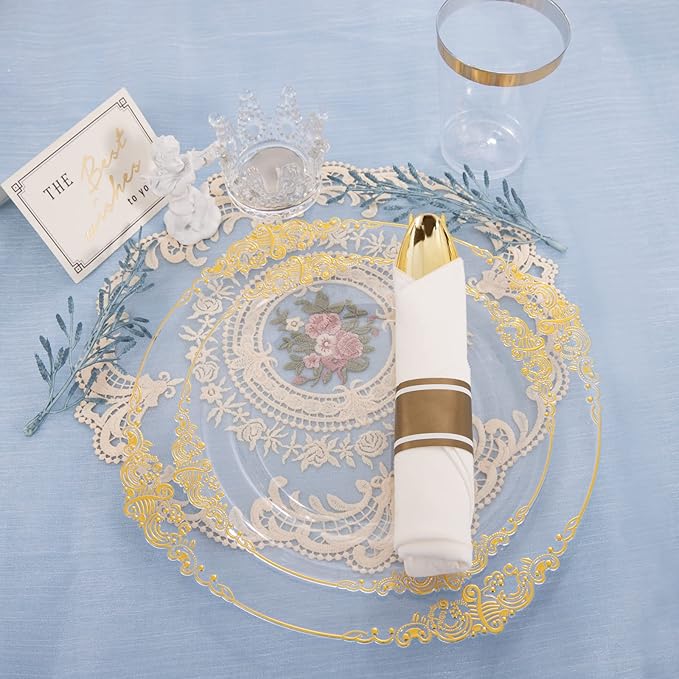 Hioasis 175pcs Clear and Gold Plastic Plates - Elegant Disposable Dinnerware Set Suitable for 25 Guests Include 10.25" Dinner & 7.5" Dessert Plates, Pre Rolled Silverware Set, Cups for Party & Wedding