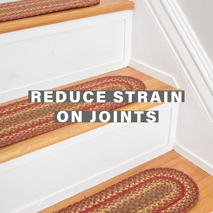Homespice Cider Barn Jute Braided Stair Treads, Country Primitive Decor, Set of 13, Red 8x28 Oval Rug for Stairs - Easy to Clean, Tightly Stitched and Durable