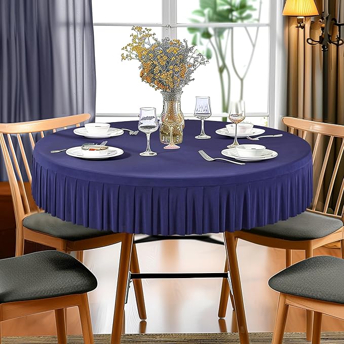 6 Pack Navy Blue Spandex Round Tablecloths for 72in Table, Stretchy Fitted 6FT Round Table Cloths, Wrinkle Free Table Cover with Skirt for Wedding Birthday Party Bridal Shower Banquet
