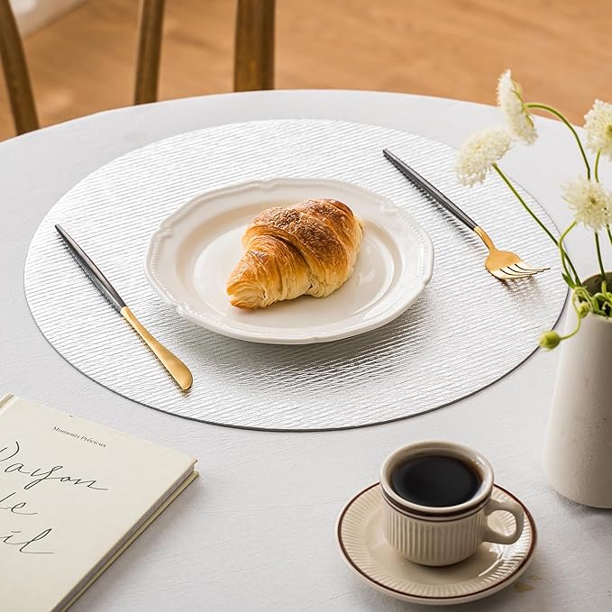 Jovono 15" Faux Leather Big Round Placemats Set of 8 - Washable Heat Resistant Non-Slip Dining Table Mats with Fabric Texture for Kitchen Home Party Wedding Decor, Silver