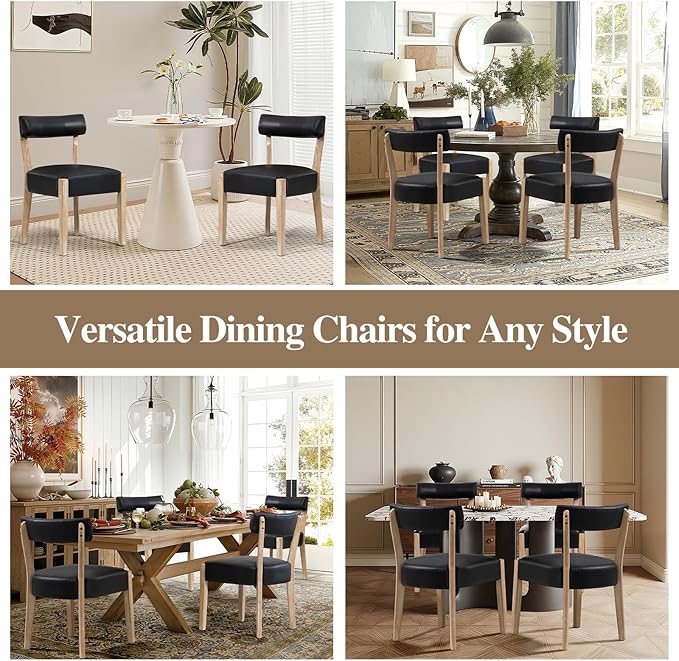 Modern Dining Chairs Set of 2 – Mid-Century Modern Faux Leather Upholstered Kitchen & Dining Room Chairs with Curved Back, Oversized Rounded Seat, Sturdy Wood Frame, Black