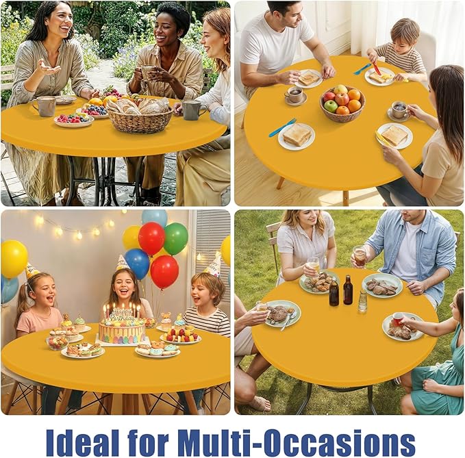 Round Spandex Tablecloth 2 Pack, Elastic Fitted Waterproof Tablecloths for 36"-44" Tables, Stretch Washable Picnic Table Cover for Camping, Dining, Indoor and Outdoor, Mustard Yellow